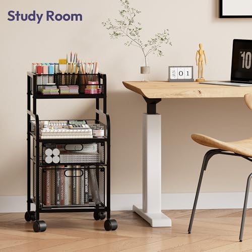 SWTYMIKI Rolling Cart with Drawers - Metal Craft Cart with Wheels, DIY Divider and Wood Shelf, Art Supply Organizer for Under Desk Storage, Utility Storage Cart for Home Office Studio, Black