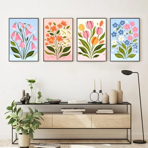 4 Pack Easy Flowers Framed Paint by Numbers Kit for Adults, 10x12 inch