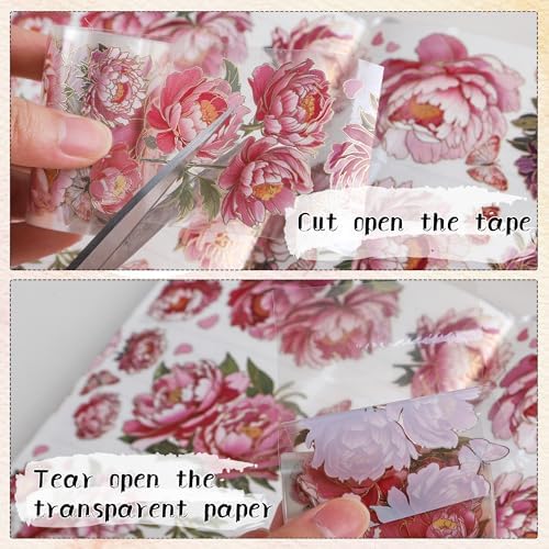 Sitsink PET Tapes - Pink Flower Scrapbook Supplies, Transparent Floral Tapes for Junk Journal Planner