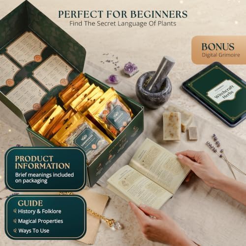 Wyspell 40 Pcs Dried Herbs and Flowers for Witchcraft, Candle & Soap Making | Premium Botanical Collection, Huge Variety, Beautiful Gift Box, Labeled Golden Bags, Bonus Parchment, Spoon & Guide