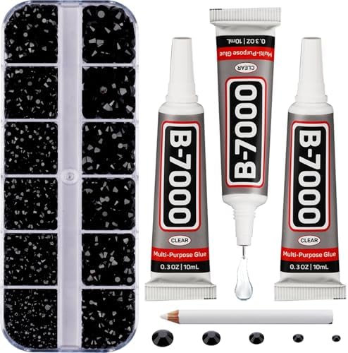 6500Pcs Black Rhinestones for Bedazzling, Bedazzler Kit with Flatback Craft Rhinestones Black Bulk and B7000 Glue, 2,3,4,5,6mm Resin Flat Back Crystals for Craftings, Crafts, Clothes, Shoes, Nails