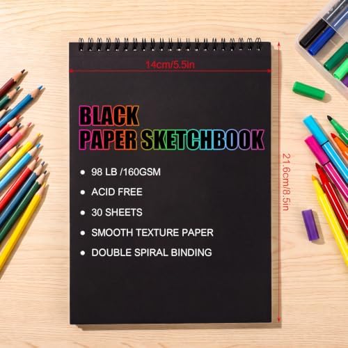Black Sketch Pad 7.6 × 10 in, 50 Sheets, Spiral Bound Sketchbook | Black Paper for Gel Pens, Metallic Markers, Pencils & Pastel; Mixed Media Sheets; Lay-Flat Top Spiral