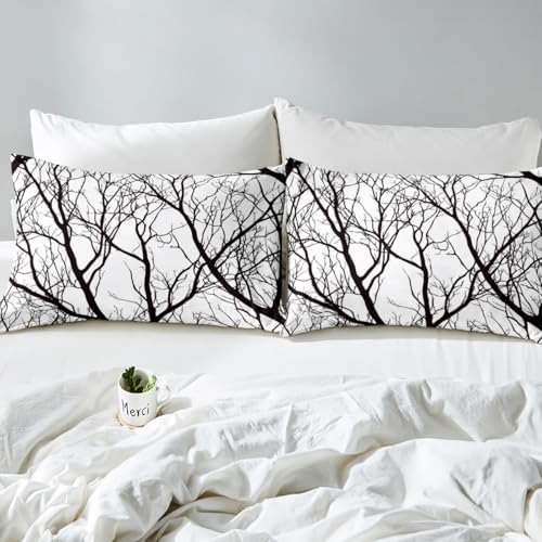 Manfei Tree Branch Sheet Set Rustic Style Plant Bedding Set Trees Abstract Bed Sheets Teens Room Decor Gray White Black (Twin Flat & Fitted Sheet with 1 Pillow Case)