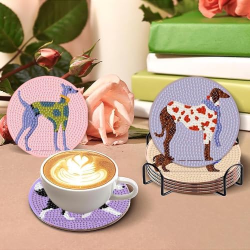 8PCS Dog Diamond Art Coasters Kits, Diamond Painting Coasters with Holder Set of 8, DIY Simple Gem Coaster Art Crafts Supplies for Adults, 4x4 in