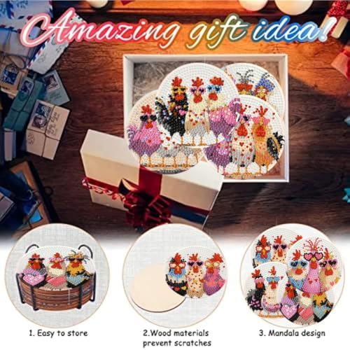 Zythron 8 Pack Diamond Art Coasters,Chicken Diamond Painting Coasters Kits