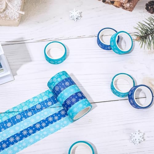 Whaline 12 Rolls Winter Washi Tape Blue Snowflake Theme Washi Tape Masking Decorative Party Gift Warp Paper Tape for Christmas Winter Decor DIY Craft Scrapbook Party Favor Supplies