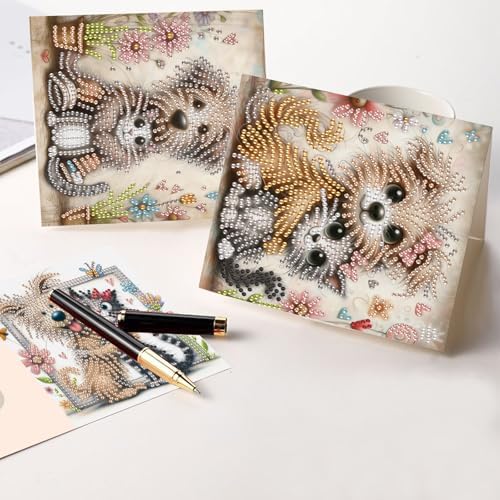 6 Pcs 5D Diamond Painting Greeting Cards Kits, Handmade Festival Greeting Cards with Envelopes DIY Diamond Art Crafts Birthday Cards Laser Effect for Birthdays Holidays Celebrations (Cat Dog Cuddling)