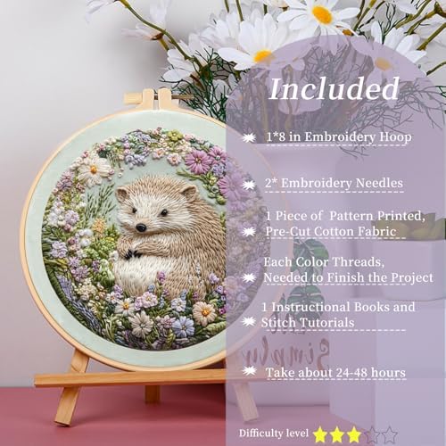 FONNUY Embroidery Kit for Beginners, Cute Hedgehog Stamped Embroidery Patterns Kits for Adults with Hoop, Easy to Follow Sewing Thread Needlework, 8'' Hoop (Adorably Spiky)