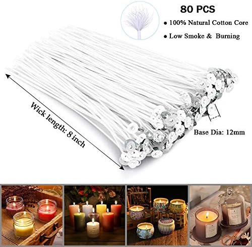 Bulk Cotton Candle Wick 8" Pre-Waxed 80 Pcs with 60Pcs Candle Wick Stickers, 5Pcs Candle Wick Centering Device and 20PCS Metal Tabs for Candle Making (80pcs 20cm Wick kit)