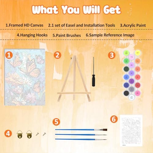 MAXBYE Paint By Numbers Kit for Adults with Frame and Wooden Easel, Colorful Butterfly Acrylic Simple Oil Painting Kits for Beginners, Gift Home Wall Garden Decor Any Festival 10×14 in