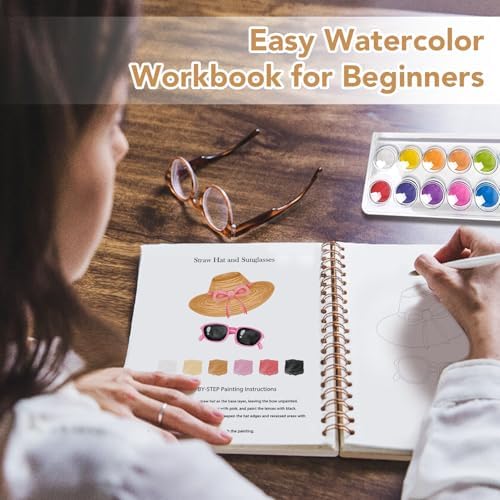 Easy Watercolor Workbook for Beginners - 12 Beautiful Step-by-Step Paintings Water Coloring Book, Includes 16 Colors Paints, Relaxing Art Projects and Creative Gift for Adults & Teen (Travel)