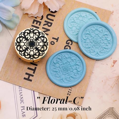 VANGOAL Wax Seal Stamp, Floral Series, 3D Embossed Brass Stamp Head with Wooden Handle, Vintage Sealing Kit for Wedding Invitations, Envelopes, Gift Wrapping, Letters and Crafts (Floral-C)