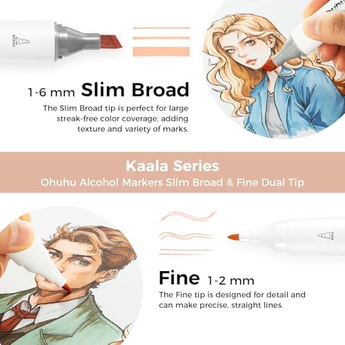 Ohuhu Alcohol Markers 24 Skin Colors Slim Broad& Fine for Portrait Coloring