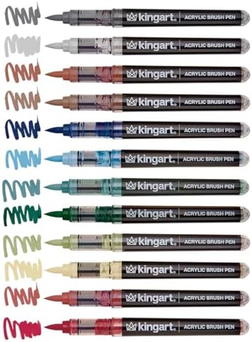 KINGART PRO 12-Piece Acrylic Paint Brush Pen Set – Earth Tone Colors – Flexible Brush Tip for Detailed Illustration and Lettering – Water-Based Opaque Art Markers for Multi-Surface Use