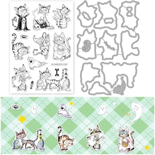 INFUNLY Cat Die and Stamp Set Cat Clear Stamps and Dies for Card Making Ghost Animal Rubber Stamp Black Cat Transparent Silicone Stamps for Crafting Paper Halloween DIY Scrapbooking Decor