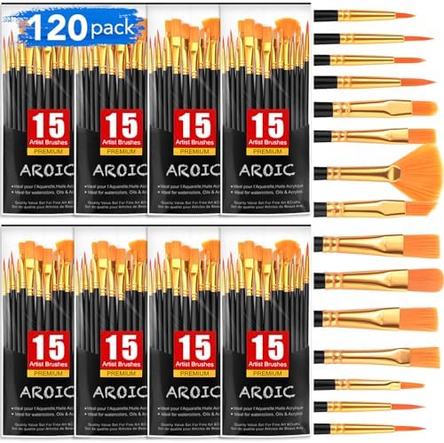 AROIC Acrylic Paint Brush Set,8pack/120pcs Nylon Hair Acrylic Paint Brushes