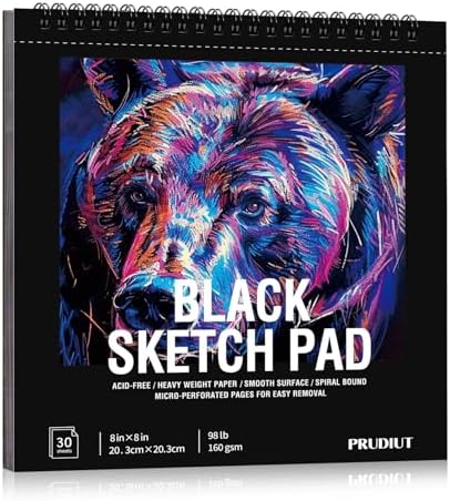 Black Paper Sketchbook 8 × 8 in, 30 Sheets, 160gsm Spiral Bound Drawing Pad | Acid-Free 98Lb Black Paper, Top Spiral, Tear-Off Pages, Hardcover, for Colored Pencil, Chalk & Metallic Markers
