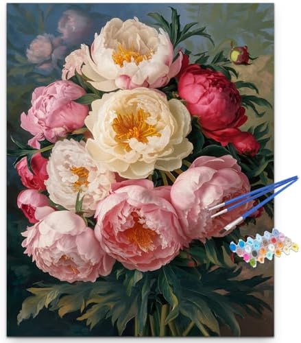 Artunion Peony Flower Paint by Numbers Kit for Adults,Abstract Flower Paint by Number Kits, DIY Oil Painting Paint by Number Kits on Canvas Arts Craft for Home Wall Decor 16x20 Inch