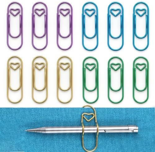 Ymapinc 12 Pcs Heart Paper Clips Small, Pen Holder Clips, Metal Cute Paperclips, Pen Holder for Notebook, Bookmark, Planner/Journal Accessories for School Office (Gold+Blue+Green+Purple)*3