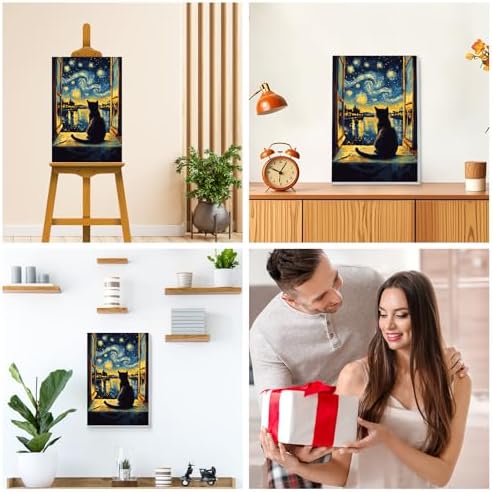 KEYIFA Paint by Numbers for Adults on Framed Canvas - with Wooden Easel, Starry Sky Painting by Number Kit for Beginners, DIY Black Cat Acrylic Paint-by-Number Kits for Home Wall Decor (8x12 inch)