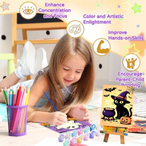 2 Pack Halloween Paint by Numbers Kit for Kids with Frame & Easel 8x12 Inch