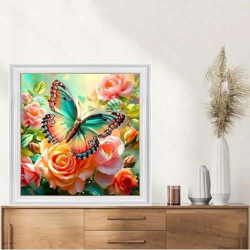 TYPUSOK Butterfly Diamond Art Kits for Adults,Round Full Drill 5D Diamond Painting Kits for Beginners,Flower DIY Diamond Dots Pictures Gem Art Kit,Home Wall Decor 13.78x13.78in