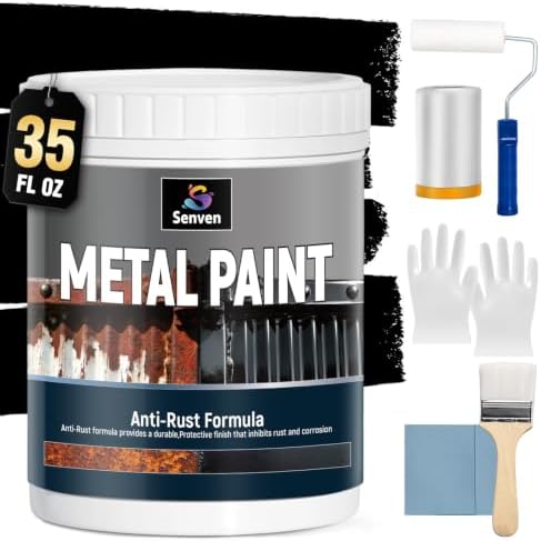SENVEN Metal Paint, Waterpoof & Anti Rust, Direct to Metal Surface, 35oz, Black, Protective Black Paint for Metal, Gate, Mailbox, Fence, Doors, Craft, Railing and More, Interior/Exterior (with Tools)