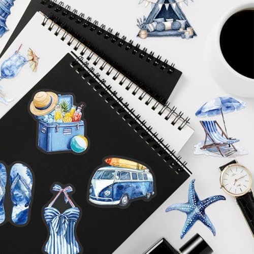 50PCS Transparent Blue Beach Stickers Aesthetic PET Stickers Blue Ocean Decal Waterproof Decorative Decals for Scrapbook DIY Crafts Album Bullet Journal Planner Water Bottles Laptop Phone (Blue-A)