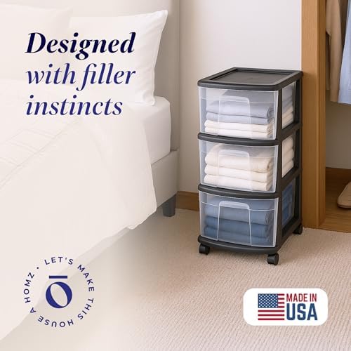 HOMZ Drawer Tower, 3-Tier Storage Cart with Removable Wheels, Black Frame
