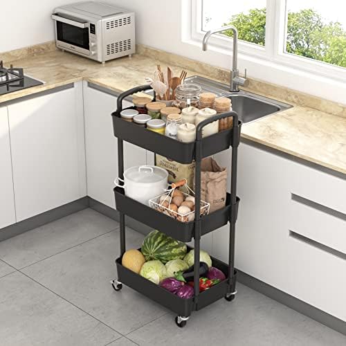Sywhitta 3-Tier Plastic Rolling Utility Cart with Wheels for Storage,Black