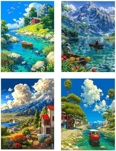 DOTSOPS 4 Pcs Landscape Diamond Painting Kits for Adults Round Full Drill