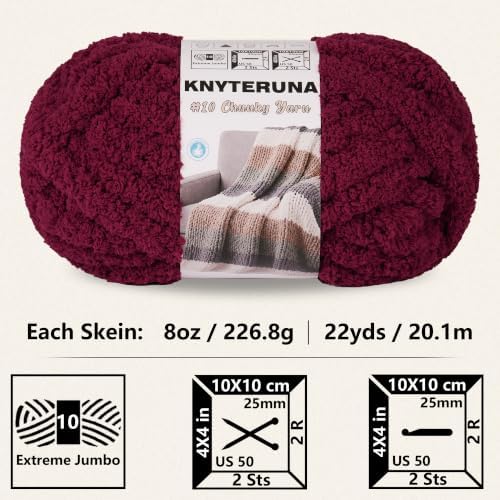 Chunky Yarn for Hand Knitting, #10 Chunky Blanket Chenille Yarn, Large Bulky Thick Jumbo Yarn, Super Chunky Knit Yarn for Crocheting, 8 Skein (8 oz 22 yds Each Skein), Burgundy