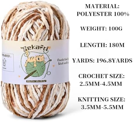 Fuzzy Chenille Yarn for Crocheting, Fluffy Amigurumi Crochet Yarn for DIY Craft/Hat/Shoes, (100g/197yds) Soft Velvet Baby Blanket Yarns (White Coffee)