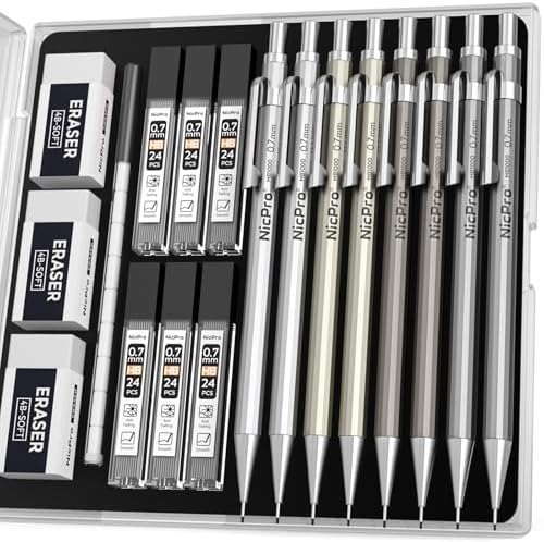 Nicpro 8 Pack Mechanical Pencil 0.7mm, MB1000 Metal Mechanical Pencil Set
