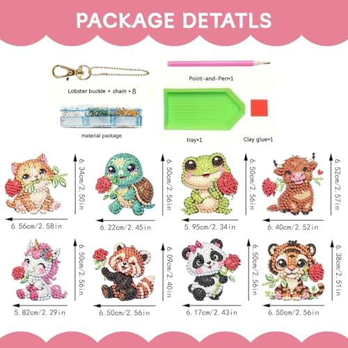 Masendp 8 Piece 5D DIY Animal Diamond Painting Double Sided Keychain Set, Flower Diamond Pendant Hanging Animal Art Decoration for Adult Beginner Pack Birthday Family Party Decoration