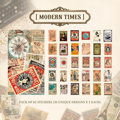 60pcs Vintage Postage Stamp Stickers, Aesthetic Modern Deco Paper Sticker for Scrapbooking, Journaling Supplies, Planners, Kid DIY Art Crafts