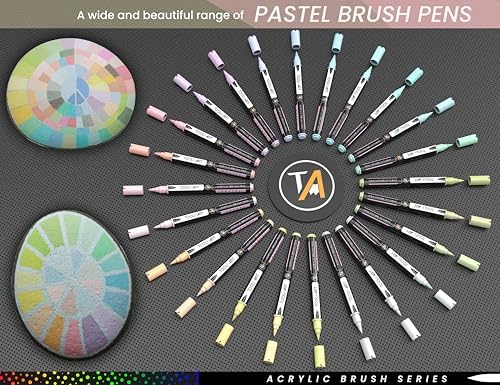 TOOLI-ART 24 Flexible Brush Tip Acrylic Paint Pens Markers Set 1-7mm Line for Rock Painting, Glass, Mugs, Wood, Metal, Canvas, Plastic. Non Toxic Waterbased Quick Drying Assorted Pastel