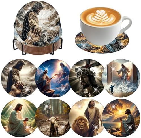 8 Pack Diamond Art Coasters,Jesus Christ Diamond Painting Coasters Kits