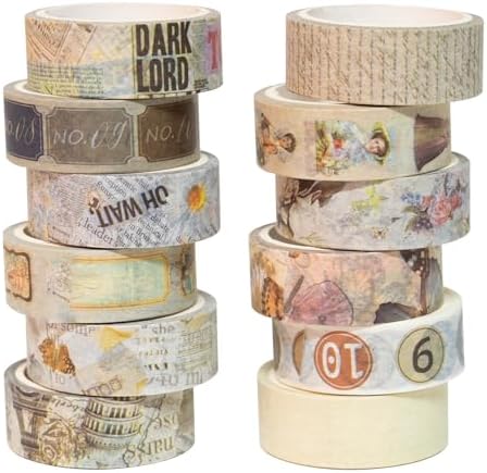 Washi Tape 12 Rolls Vintage Watercolor Washi Tape Set, Decorative Tape for Bullet Journal, DIY Craft, Scrapbook Supplies