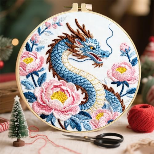 FREEBLOSS 4 Sets Embroidery Kit for Beginners Needlepoint Dragon&Cloud Stamped Embroidery Starter Kit with Instructions, Needles, Threads, 2 Hoops 11.6"/29.5CM