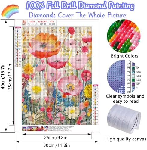 Pink Flowers Diamond Painting Kits for Adults, 5D Diamond Art Painting by Numbers Kits, DIY Pink Flowers Diamond Art Kits, Full Round Drill Diamond Paintings for Adults for Home Wall Decor, 12x16 in