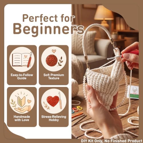 FACE N FACE DIY Crochet Conch Shell Crossbody Bag Kit for Beginners – Handmade Yarn Purse Making Set with Flat Rope, PU Leather Handle, Pearl Chain Strap & Instructions