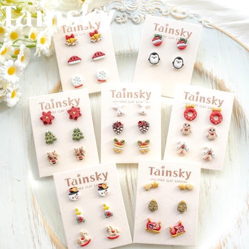 Tainsky 49 Shapes Christmas Studs Clay Earrings Cutters, Christmas Tree Polymer Clay Cutters for Polymer Clay Jewelry