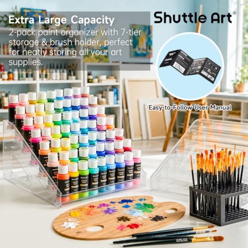 Shuttle Art 2-Pack of Acrylic Paint Organizer With Paint Brush Holder, 7 Layers Clear Storage Rack, Snap On Organizer for Acrylic Paint, Oil Paints, Nail Polish and Craft Supplies