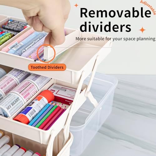 TERGOO 12.5in 3-Layer Multipurpose Craft Organizers and Storage with Adjustable Dividers, Portable Tackle Box, Folding Art & Craft Case for Medicine, Tool, Sewing Organizer (White)