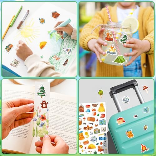 LINAYE 24 Sheets Camping Stickers for Kids, 1320 PCS Nature Camp Stickers, Waterproof Self Adhesive Summer Crafts, Camping Party Favors Supplies Rewards for Kids