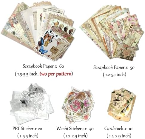Vintage Aesthetic Scrapbook Supplies Kit, 180 pcs of Scrapbook Paper, Washi Stickers and Small Cards for Scrapbooking DIY Albums Junk Journals Bullet Journals Collages, Retro Aesthetic Decor (Nature)