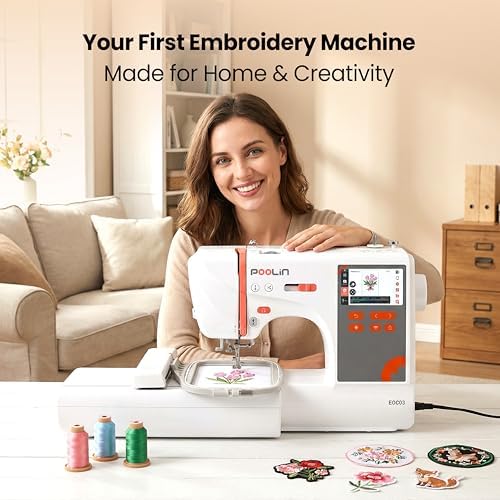 PooLin EOC03 Embroidery Machine 4x4 & 4x9.25 Embroidery Area for Beginners, Easy Operation System, 130 Built-in Designs, 8 Fonts, WiFi Design Transfer, Home DIY Embroidery Machine with Starter Kit