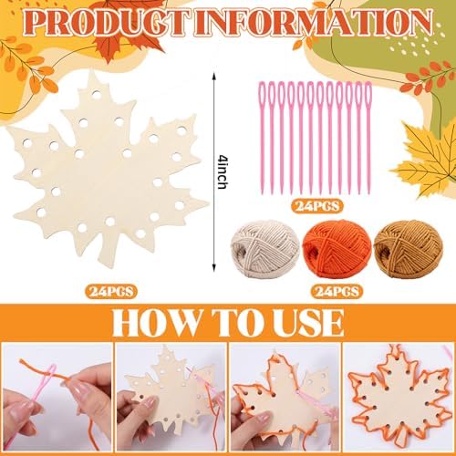 Kathfly 24 Set Fall Wooden Craft Kit Maple Leaf String Craft Ornaments with Yarn and Plastic Weaving Tools DIY Art Hanging Decorations for Classroom Fall Thanksgiving Party Favors Home Activities