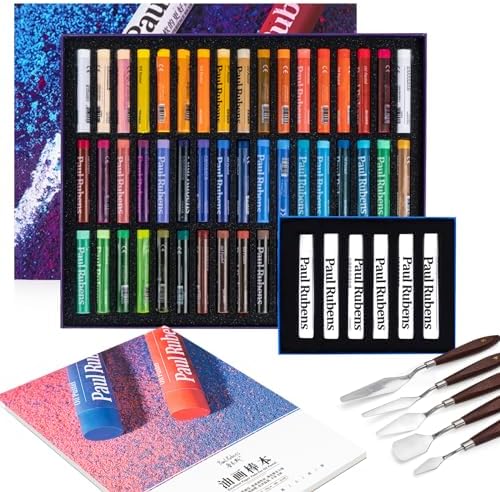 Paul Rubens Oil Pastels Set with 50 Colors Artist Soft Oil Pastels+6 Pcs White Oil Pastels+8.7 x 11.7 Inches Oil Pastel Book（30 Sheets）+5 Palette Knives for Artists, Professionals, Student, Hobbyist